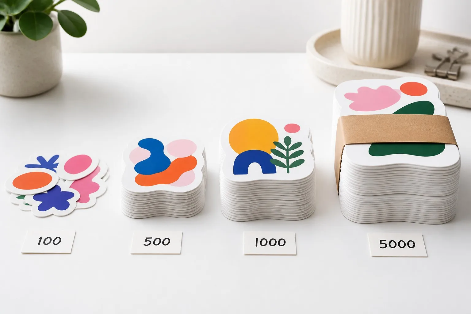 Custom sticker quantity tiers 100 500 1000 5000