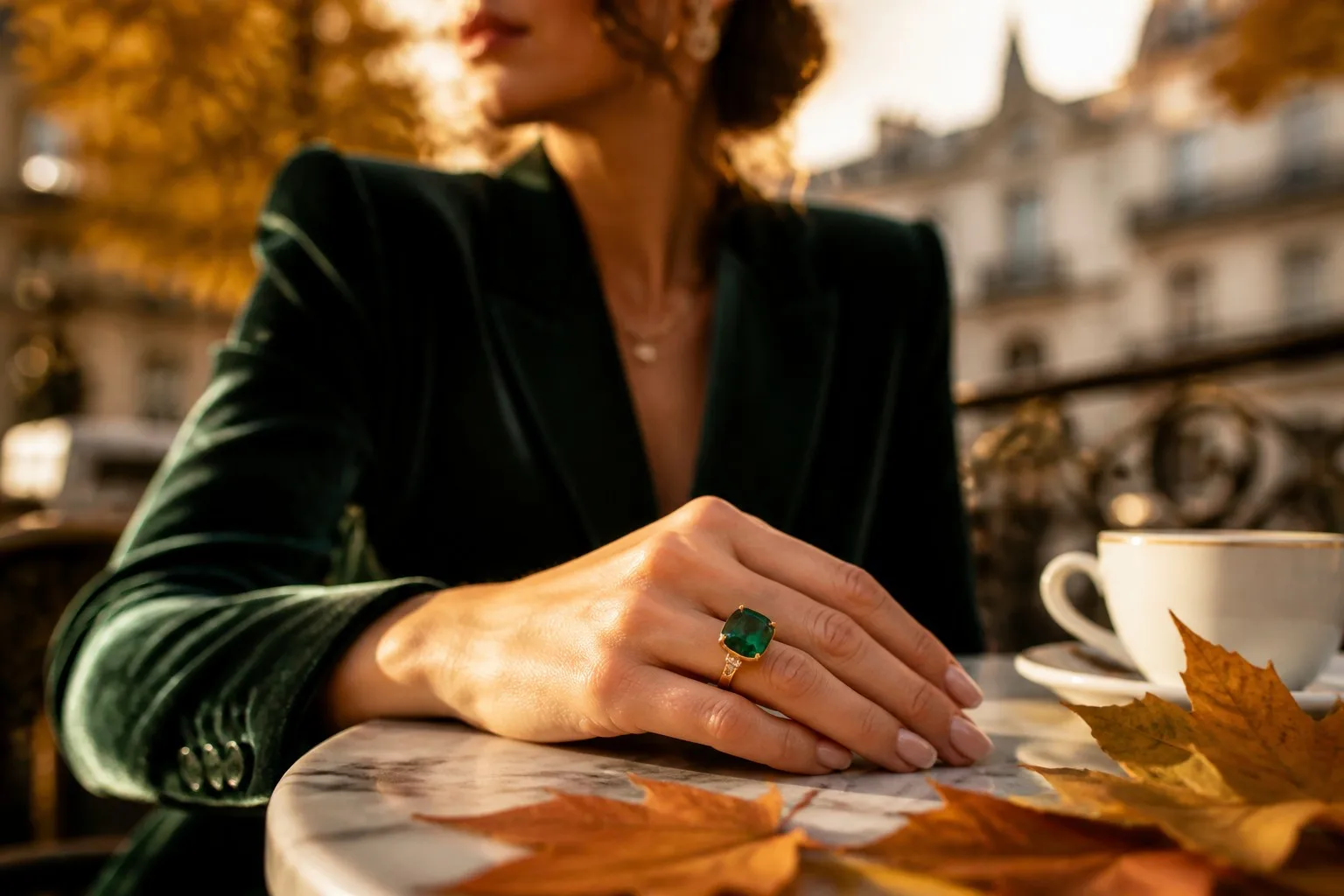 Elegant woman at a European cafe wearing a 3-carat lab-grown emerald ring