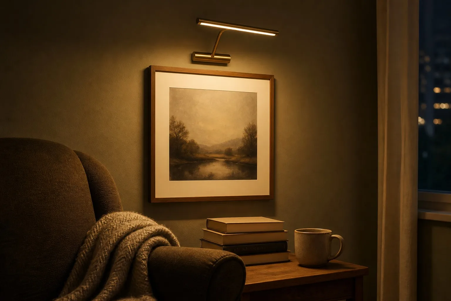 Seediq antique brass picture light glowing warmly over framed art in an evening reading corner