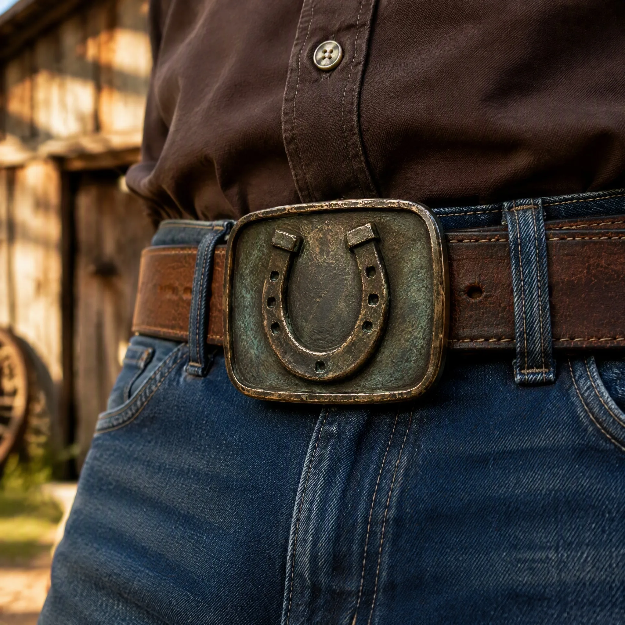 Antique horseshoe belt buckle on leather belt - Lifestyle