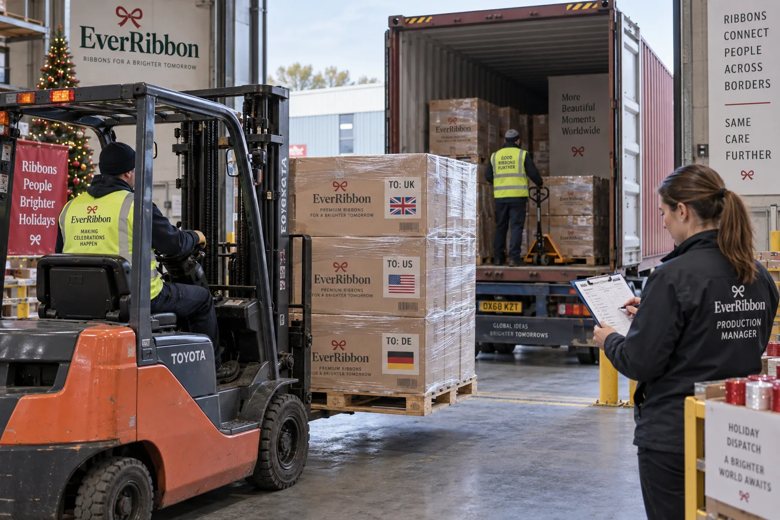 Meisida holiday season ribbon shipment loading at factory dispatch bay