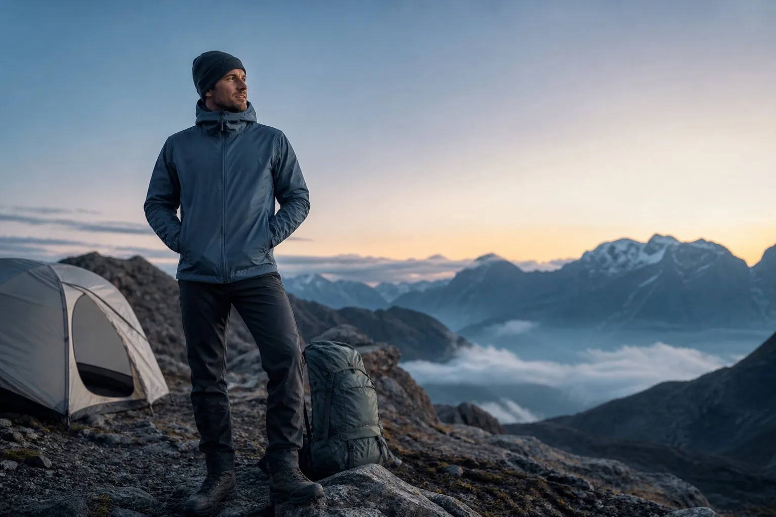Fully clothed trekker wearing an unbranded weather-resistant jacket beside a mountain campsite