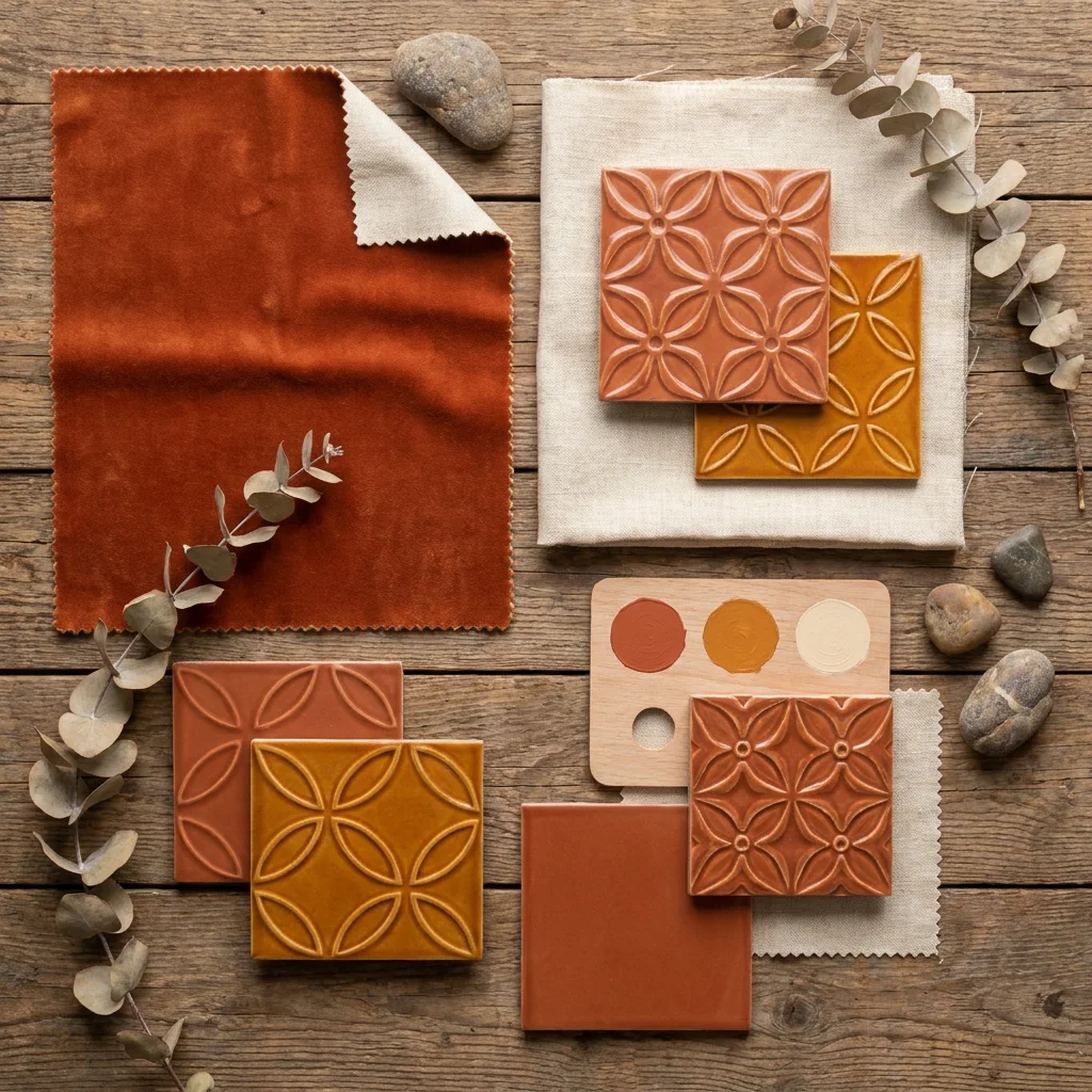 Moodboard Ambre & Volute avec échantillons de matières et palette de couleurs