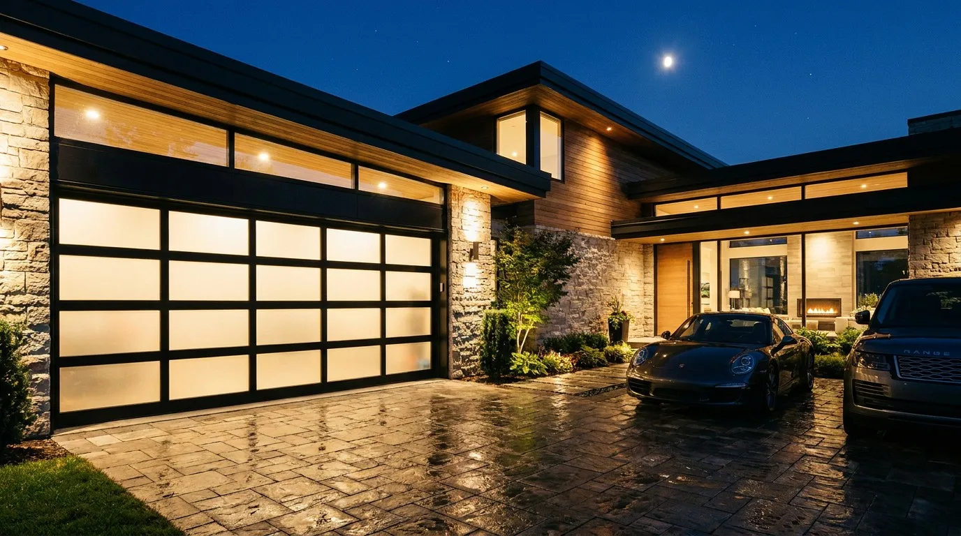 Luxury modern villa at night with illuminated Richocean glass garage door