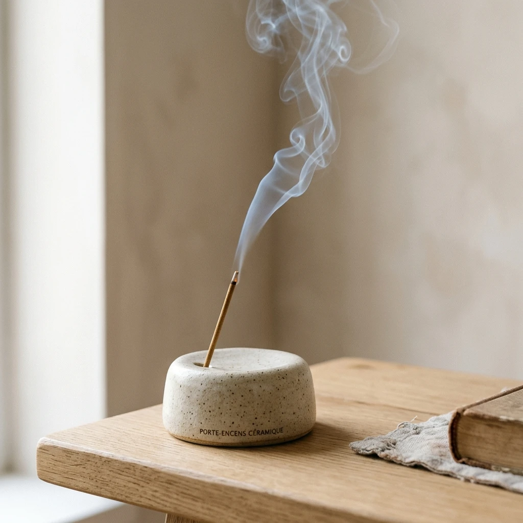 Porte-encens minimaliste en céramique avec une volute de fumée inspirante