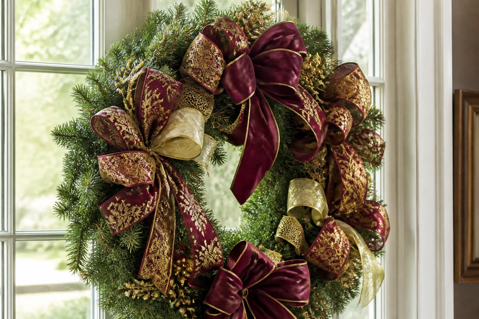 Premium Christmas wreath decorated with sculpted wired ribbon bows holding full structured loops
