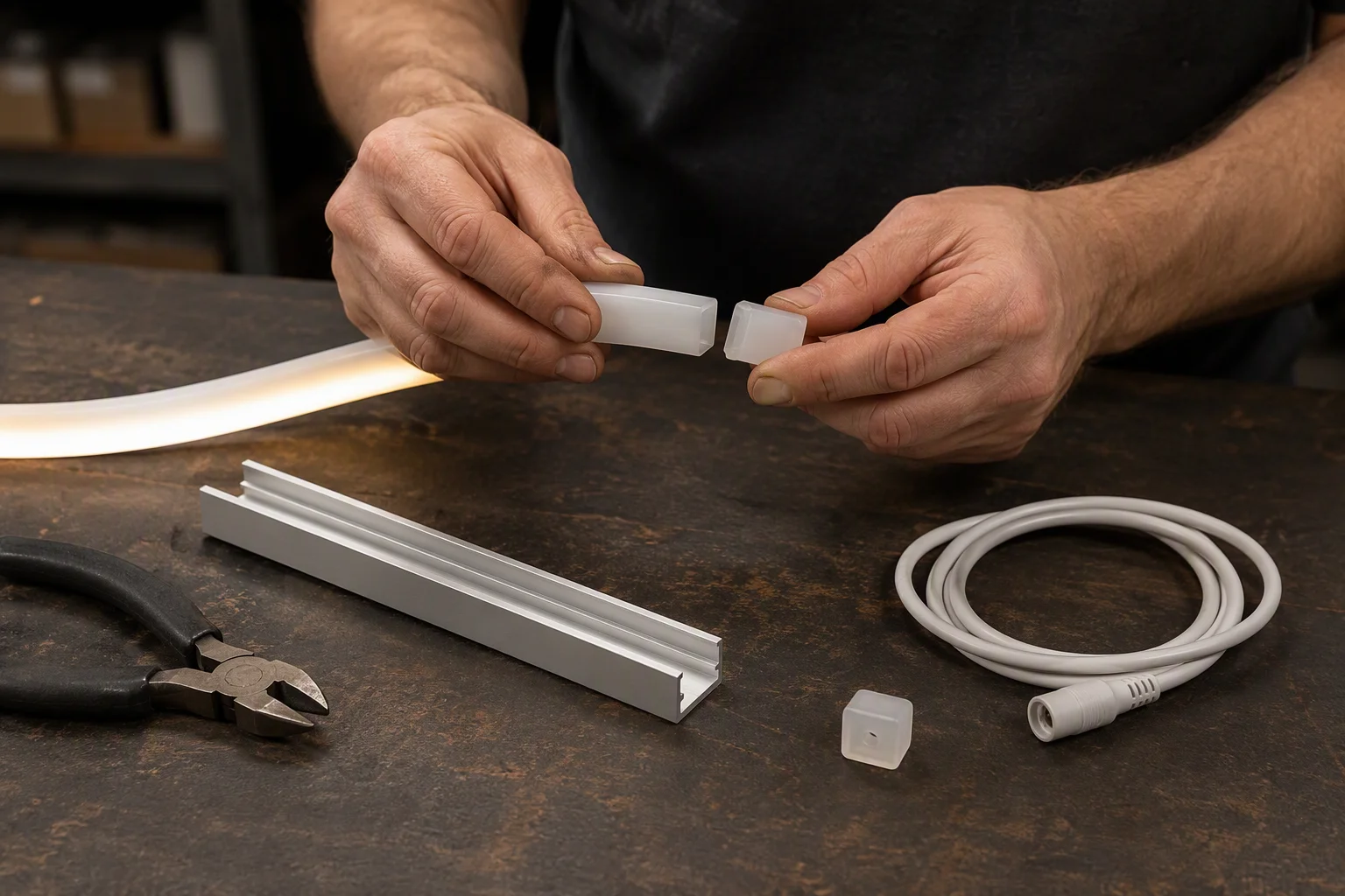 Installer preparing LED Neon Flex beside an aluminum mounting channel and end treatment