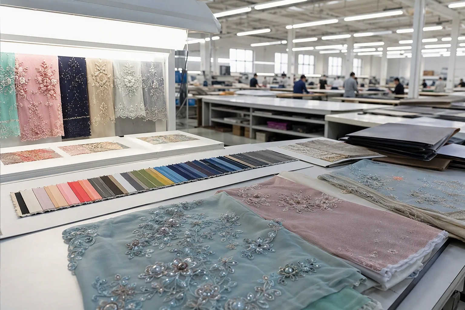 Textile factory color matching and sample review workspace