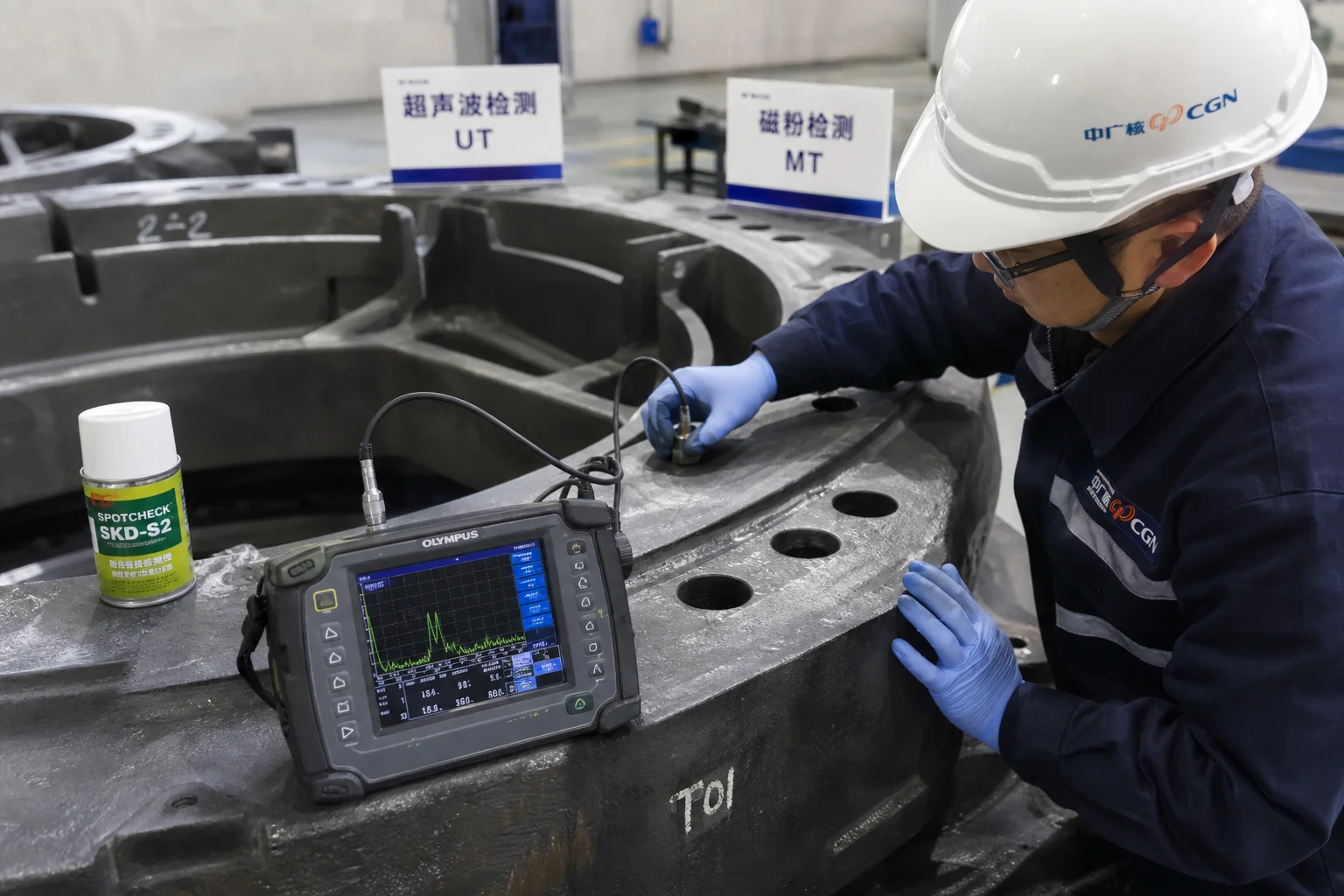 NDT inspector conducting ultrasonic testing UT and magnetic particle testing MT on wind turbine frame