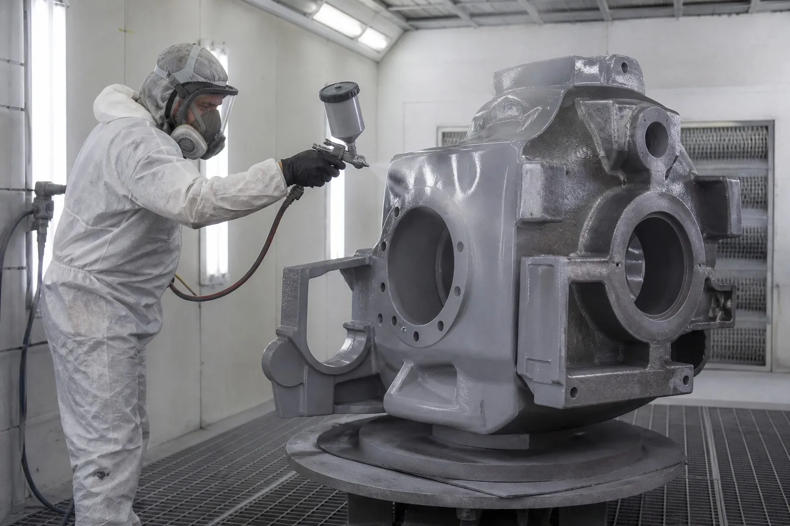Worker spray painting large steel casting with primer in painting booth