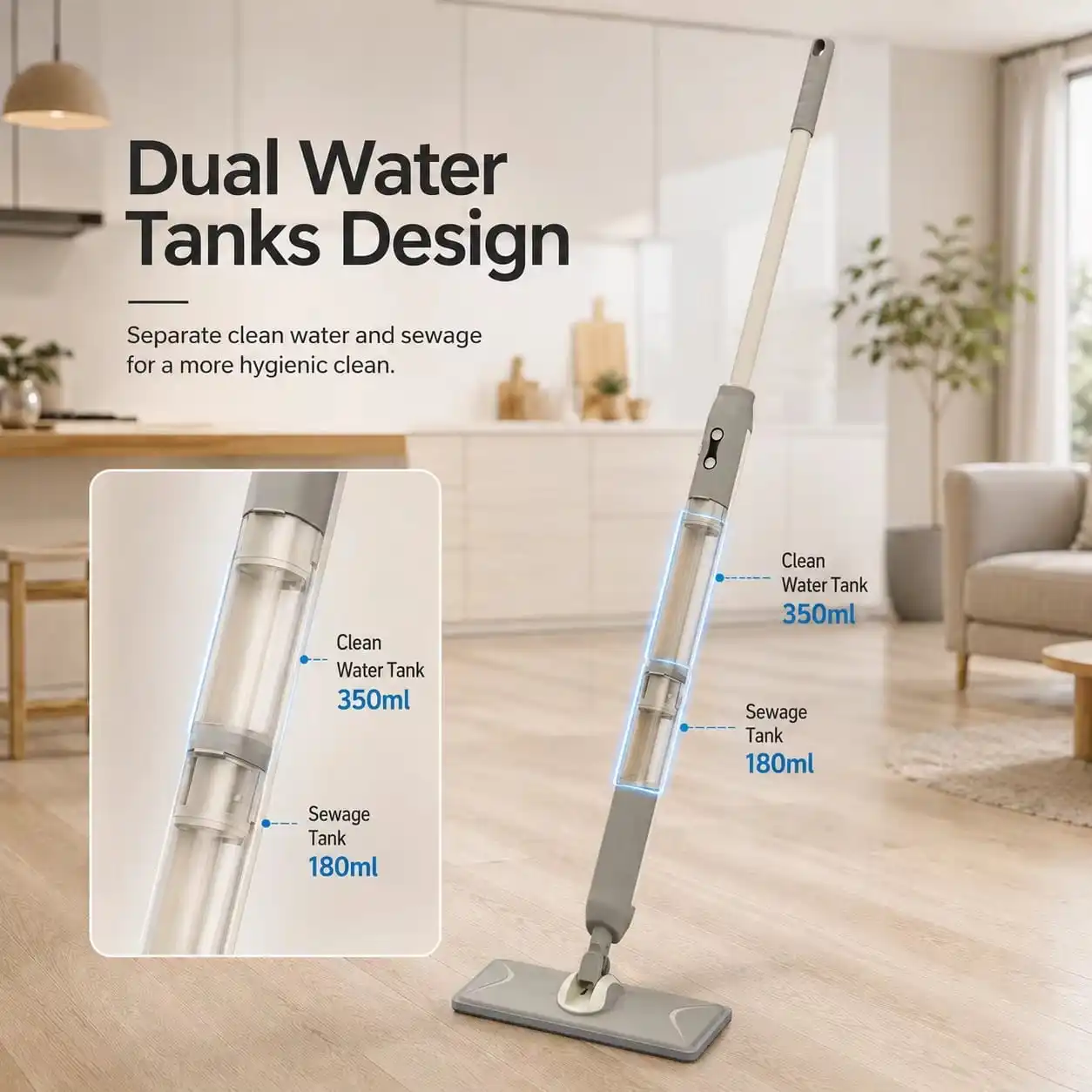 T8 dual water tank design showing the 350 ml clean water tank and 180 ml sewage tank on the mop handle