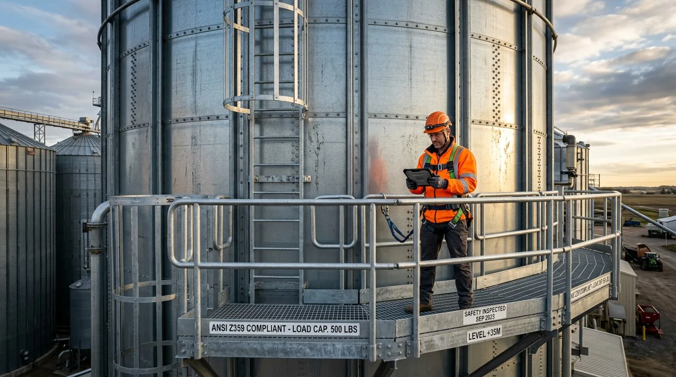 Safety-Certified Access Platform and Technician on a Xinnuo Steel Grain Silo