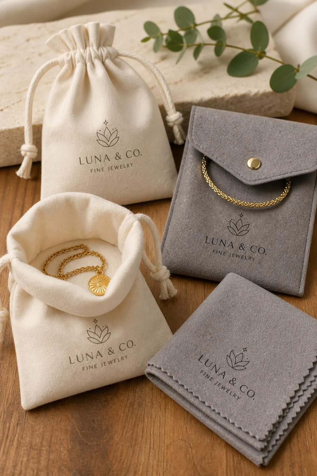 Cream flannel drawstring pouches with printed logo holding a gold necklace, grey flannel envelope dust bag, and folded flannel cloth