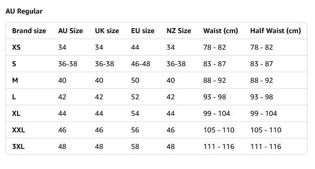 Size Chart AU Regular