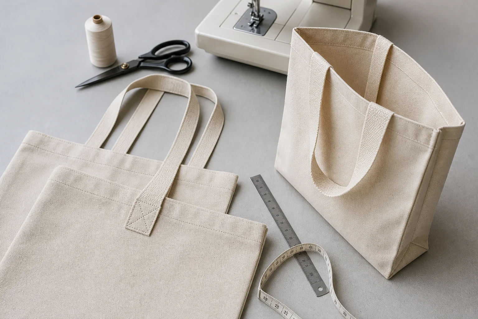 Three plain cotton canvas tote bags on a worktable showing a box-X reinforced handle attachment, with a steel ruler, tailor's tape, thread spool, shears and the foot of a sewing machine