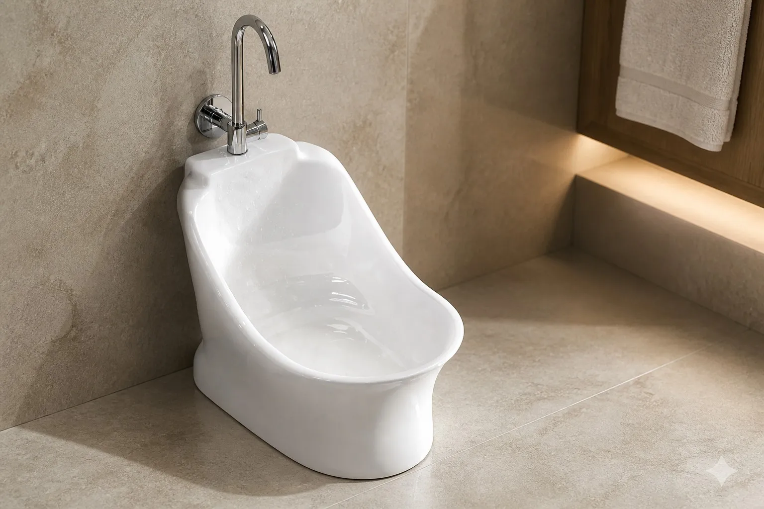 info-1-1 Close-up of a chrome wall-mounted faucet over a low oval wudu basin with water droplets