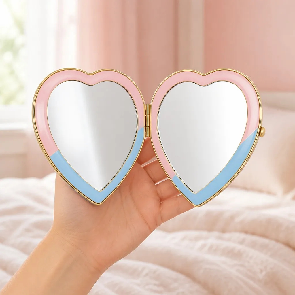 Holding the heart shaped makeup mirror open in hand