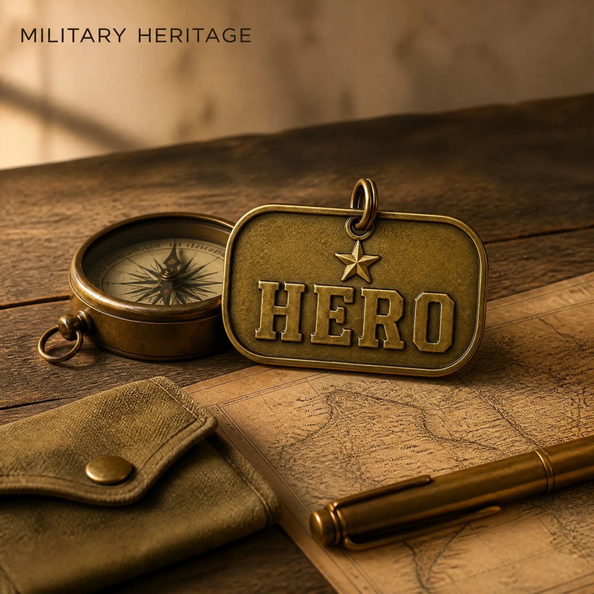 Embossed brass dog tag on vintage wooden desk with brass compass - Heritage scene