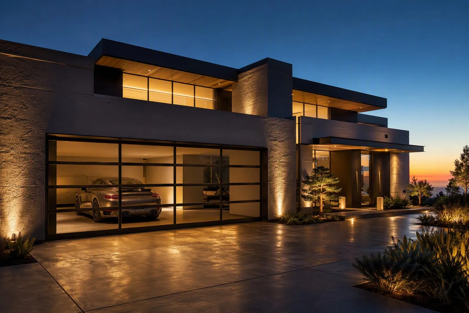 Luxury villa with aluminum glass garage door and premium car warm interior dusk