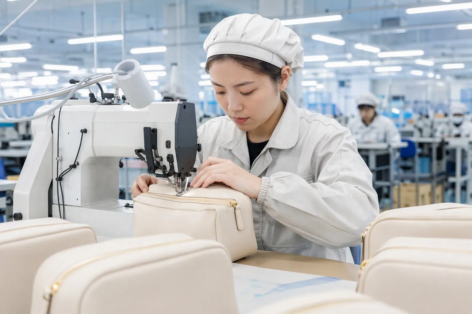 Skilled worker operating a high-tech sewing machine on a premium PU leather cosmetic bag