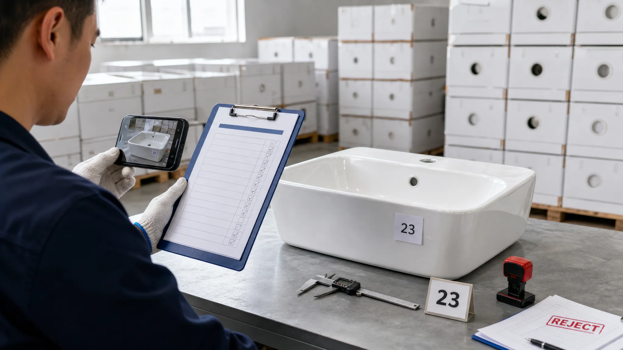 A QC inspector at a warehouse inspection bench holding a tick-box inspection report checklist and photographing a numbered white ceramic basin sample, with a digital caliper, sample tag and REJECT stamp on the bench