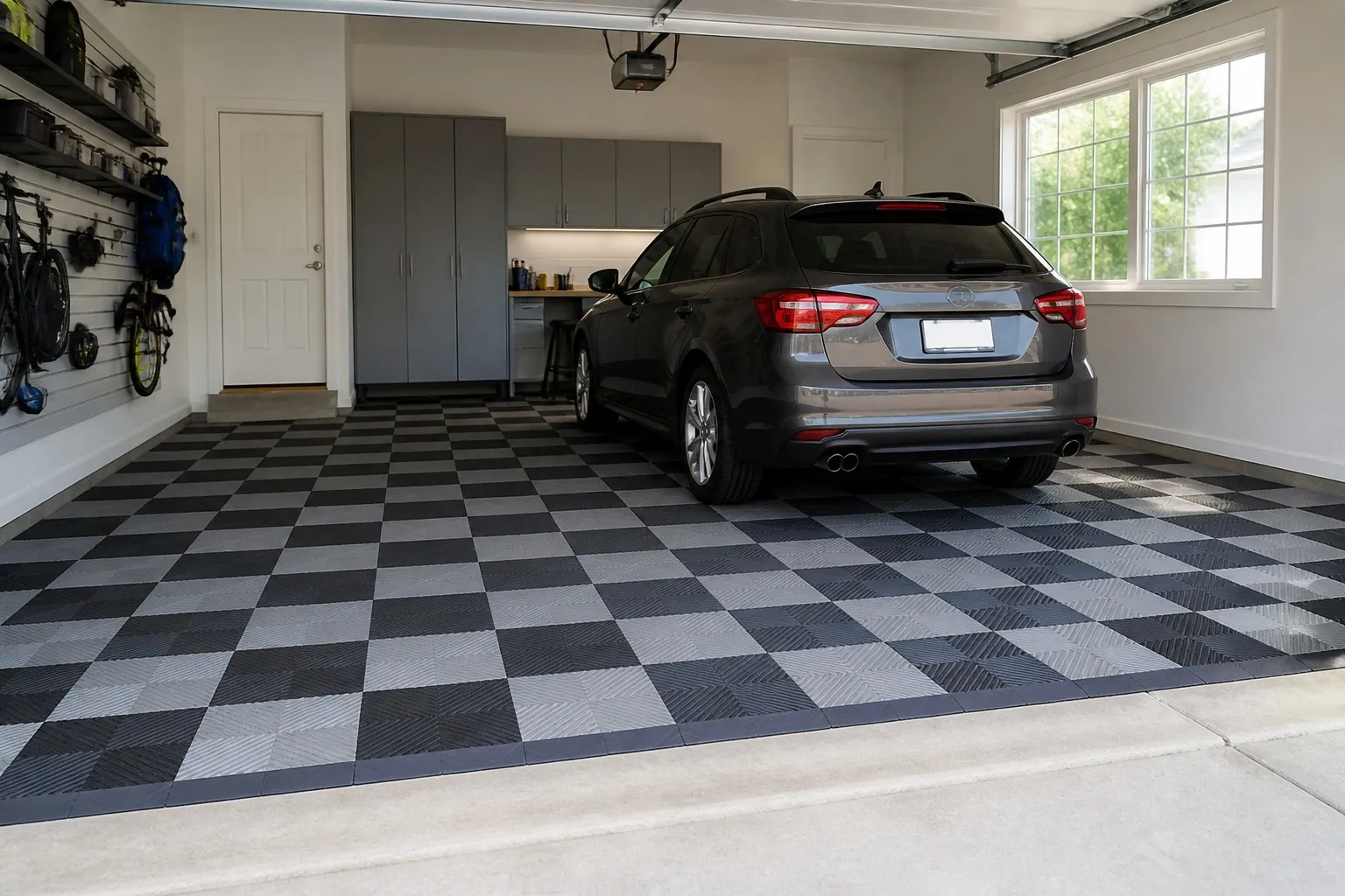 Finished garage with charcoal and gray checkerboard interlocking garage floor tiles and parked car