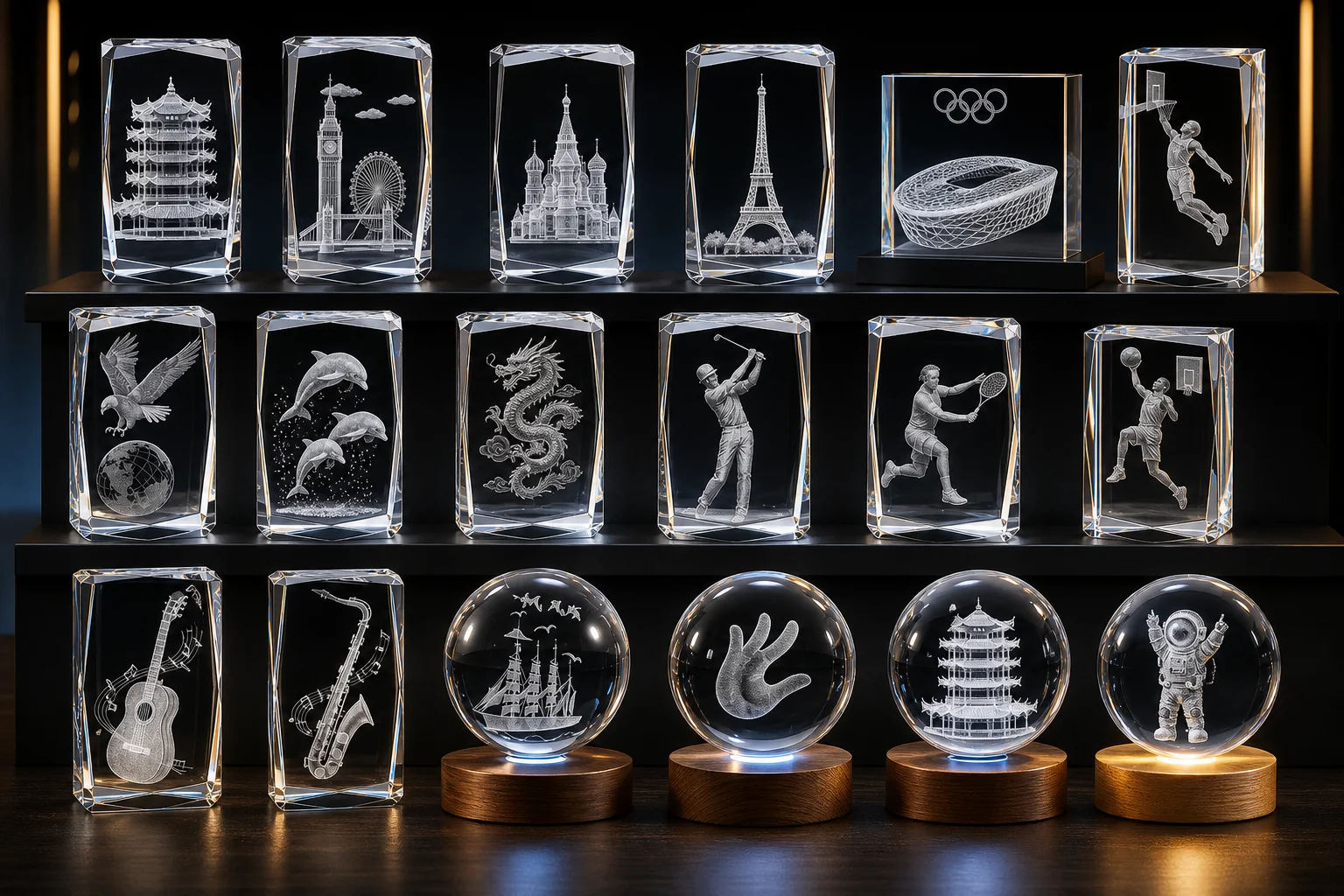 3D Crystal Laser Subsurface Engraved Trophies and Gifts Showcase