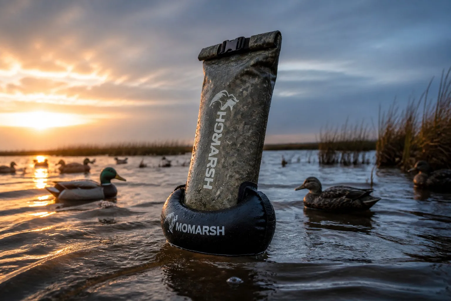 Floating shotgun case for waterfowl hunting bobbing upright on choppy coastal marsh water at sunrise