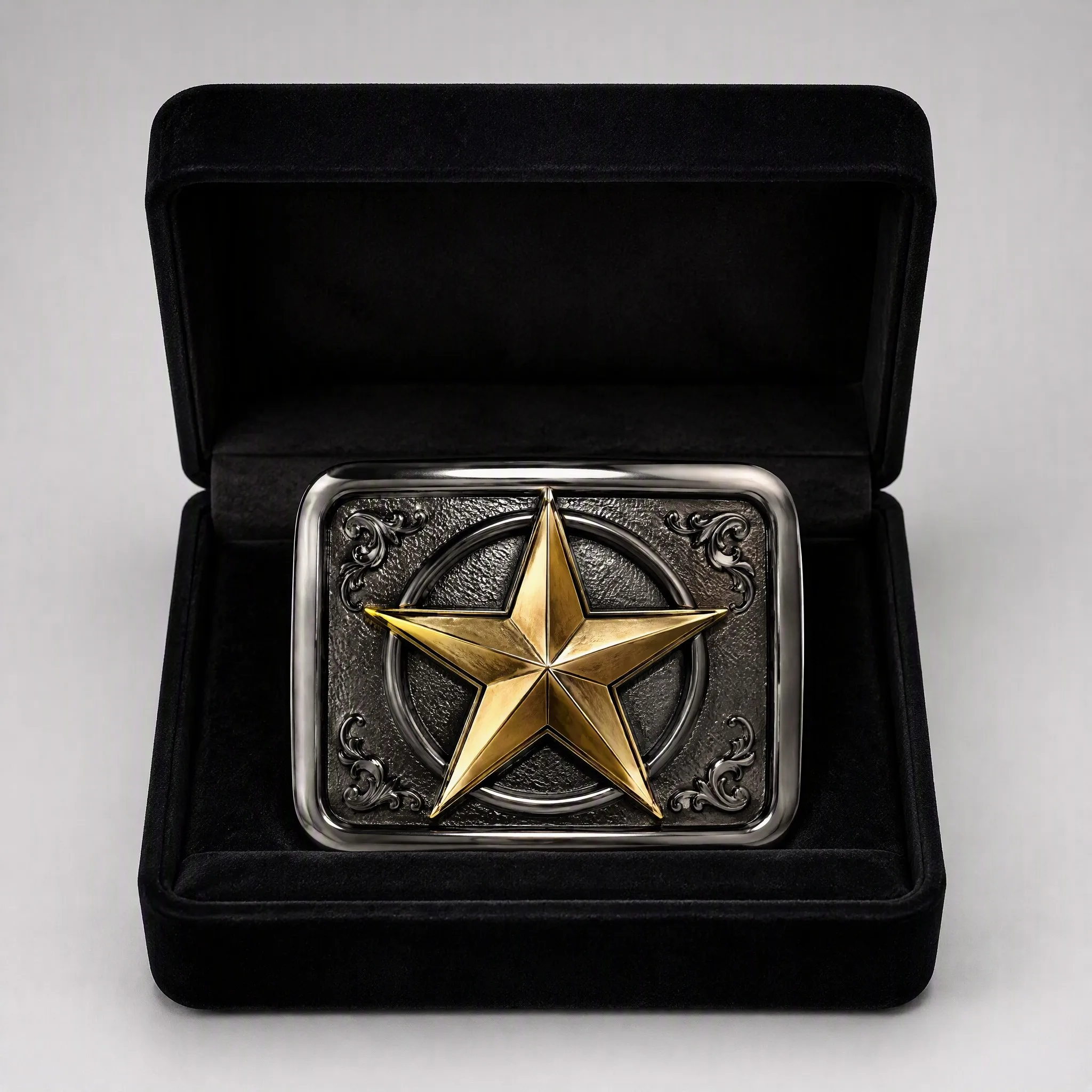 Western star belt buckle in velvet gift box packaging