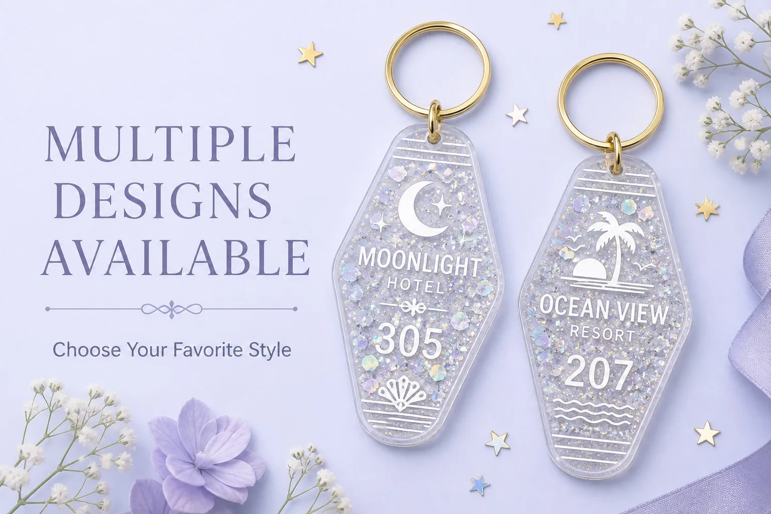 Multiple glitter key tag designs available