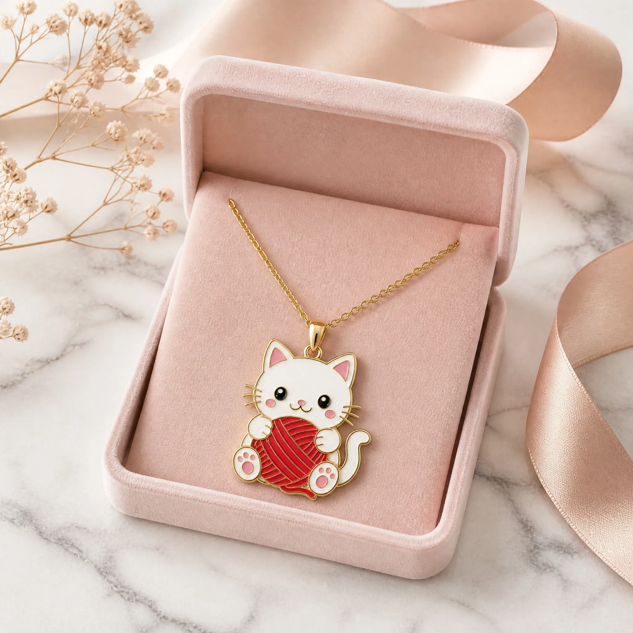 Cat pendant necklace in blush pink velvet gift box with ribbon on marble