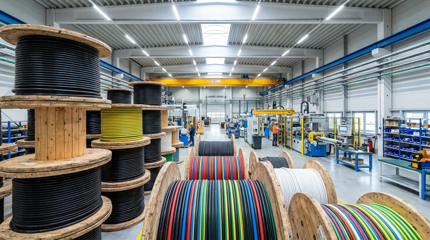 High-voltage PVC power cables on industrial spools