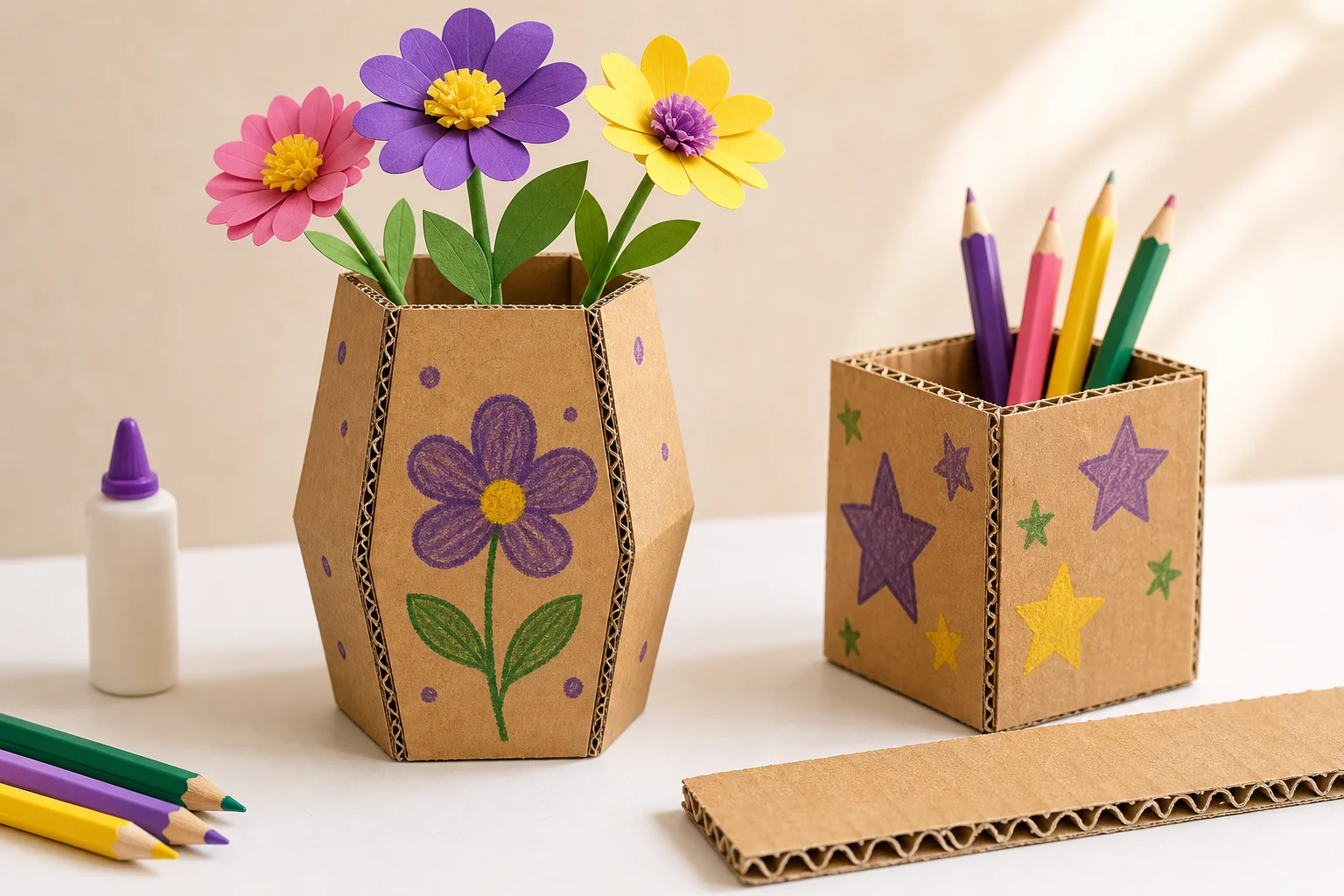 Corrugated cardboard flower vase and pencil holder with visible wavy edge detail