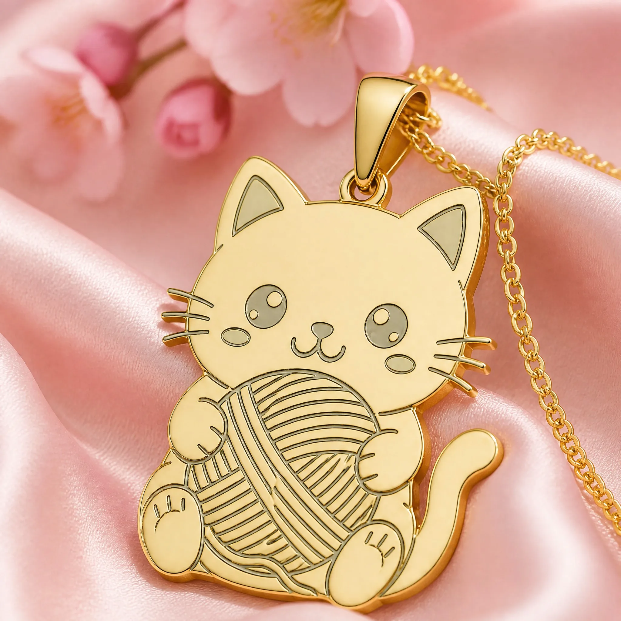 Close-up of laser engraved cat pendant detail, engraved line art and gold metal on pink satin