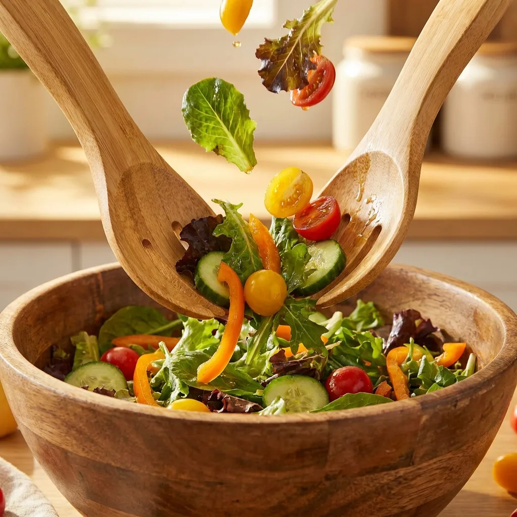 Modern bamboo salad hands tossing fresh colorful salad with vegetables suspended mid-air in wooden bowl