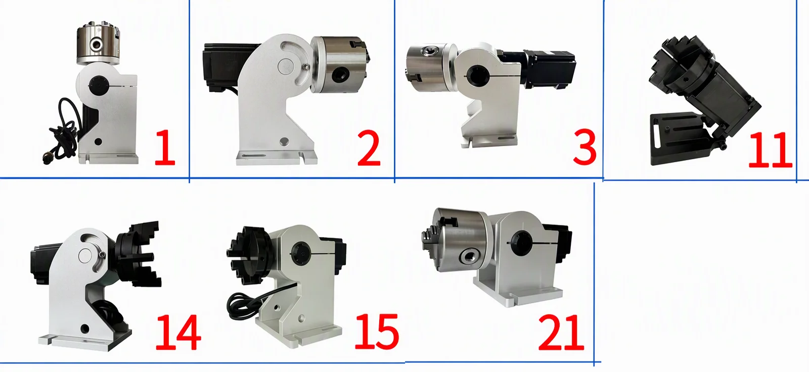 Family 1: 3-Jaw and 4-Jaw Rotary Chuck Fixtures (Items 1, 2, 3, 11, 14, 15, 21)