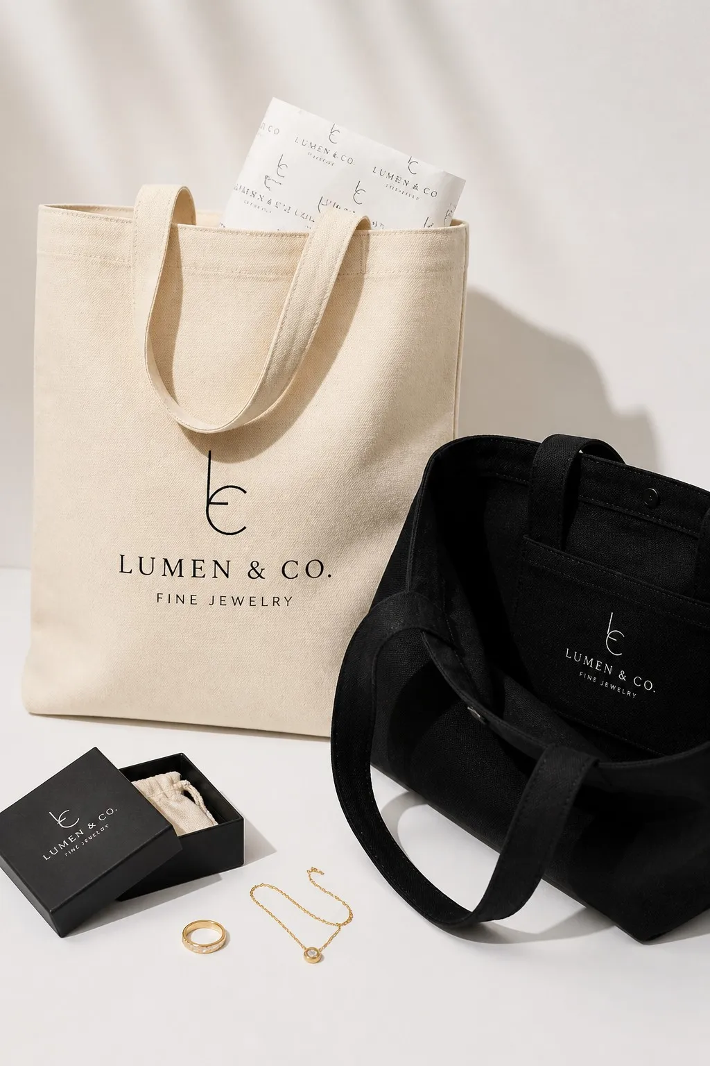 Natural cotton canvas tote bag with black printed logo beside a black canvas tote with a small jewelry gift box