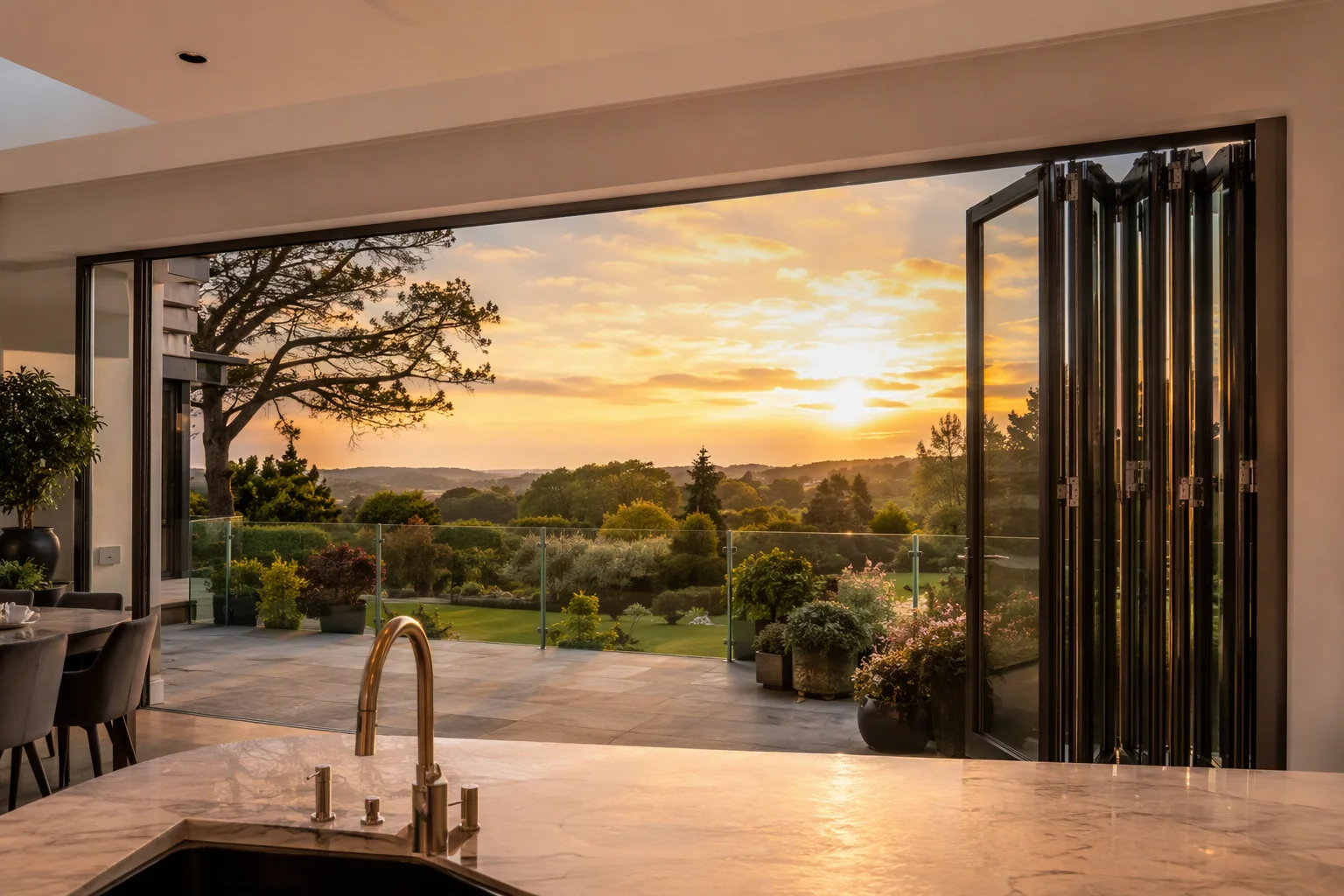 Aluminium Bi-Fold Folding Window Partially Stacked Kitchen Terrace Richocean Foshan Folding Windows Manufacturer China Foshan Factory Price Top Hung Carrier Hinge Stack Seal