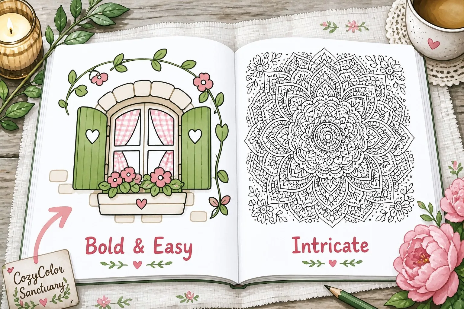 Side-by-side comparison of a bold-and-easy coloring page versus a complex mandala design