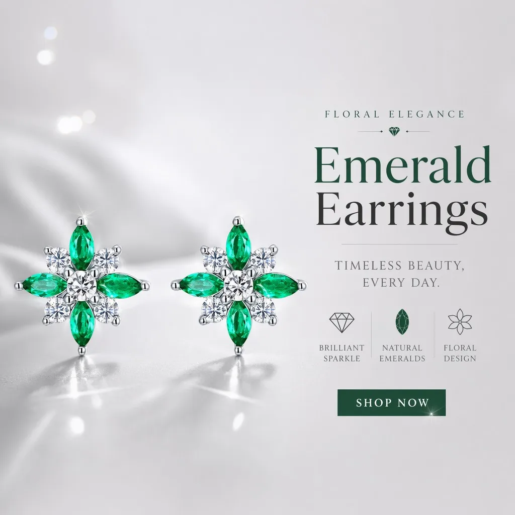 Floral Emerald Stud Earrings Marquise Cut Green Flower Earrings for Women Party Gift