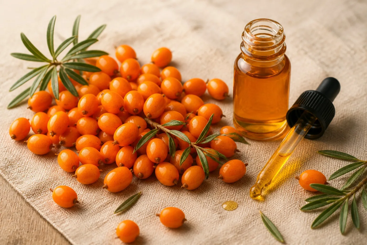 Sea buckthorn berries and amber oil dropper botanical raw ingredients for skin supplement