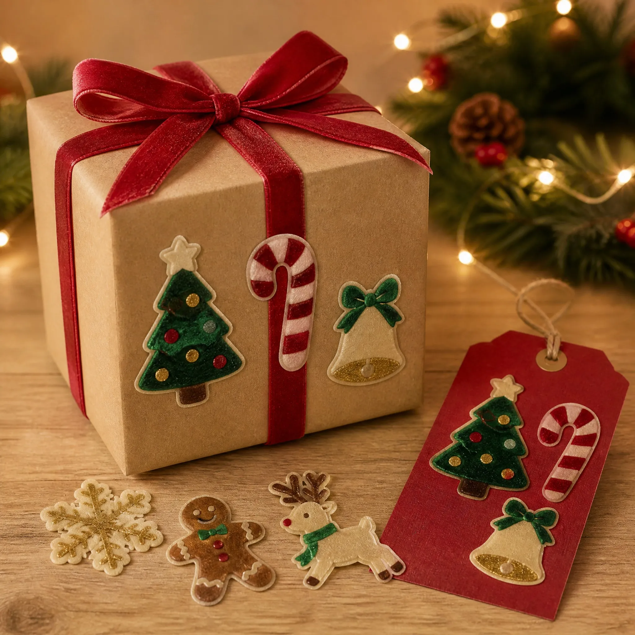 Flocking stickers on a kraft gift box and gift tag with festive lights