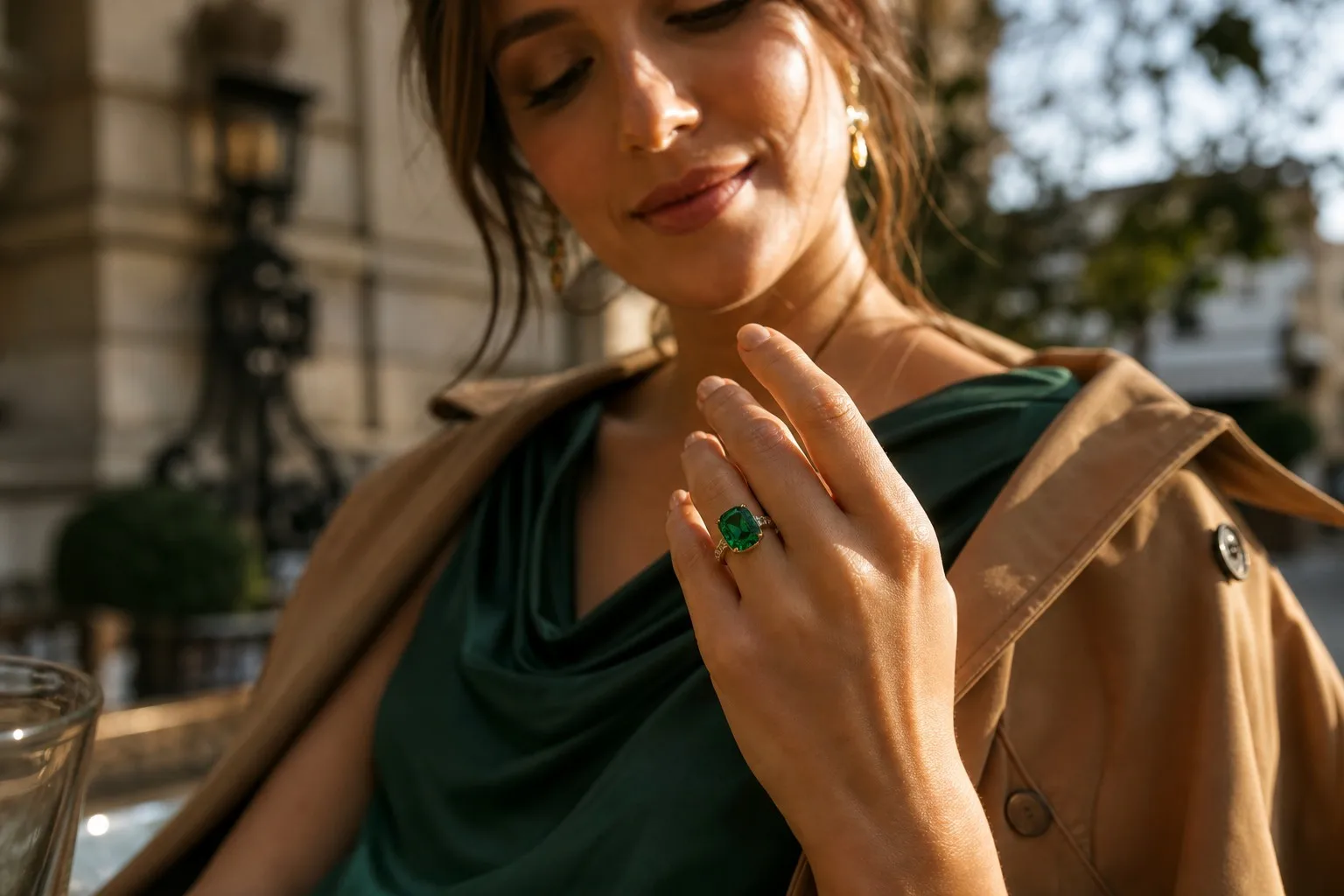 Elegant woman wearing a 2.5-carat lab-grown emerald ring in an autumn setting