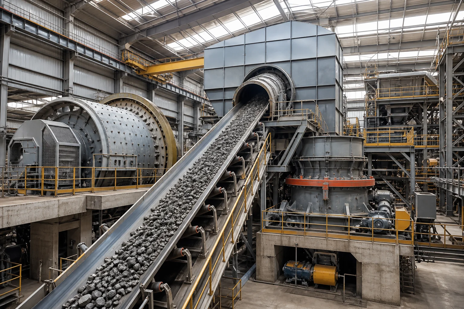SABC grinding flowsheet showing SAG discharge trommel oversize reporting to pebble cone crusher in copper concentrator