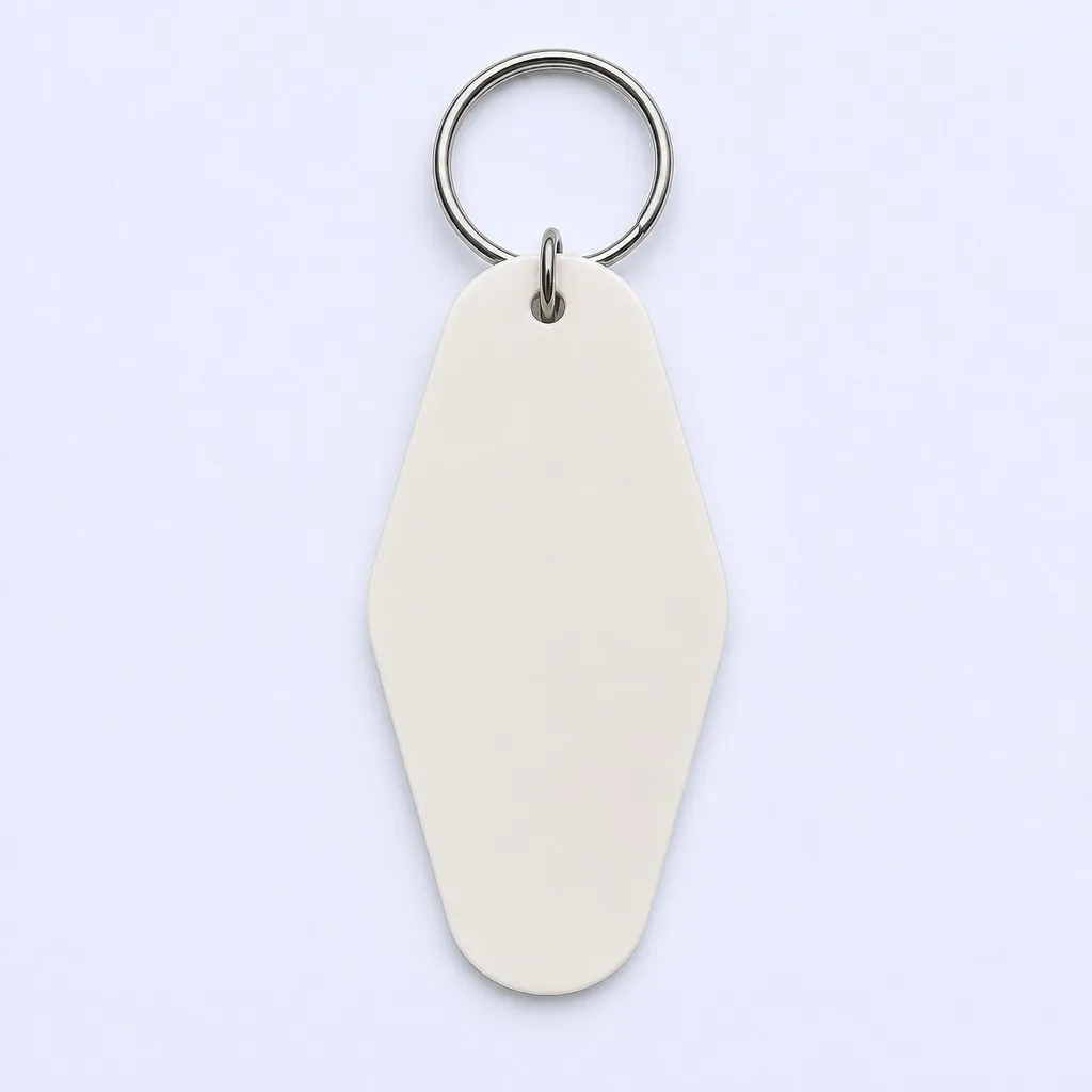 Blank motel key tag flat lay overhead
