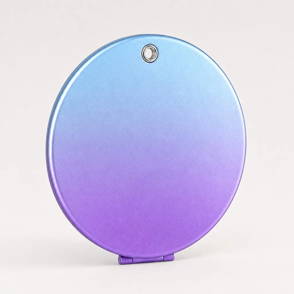 Round anodized makeup mirror profile view