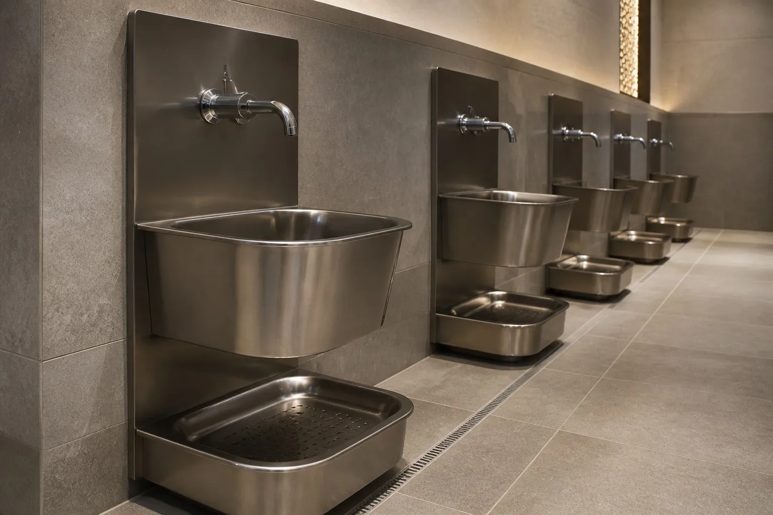 Brushed stainless steel wudu basin in a modern mosque washroom
