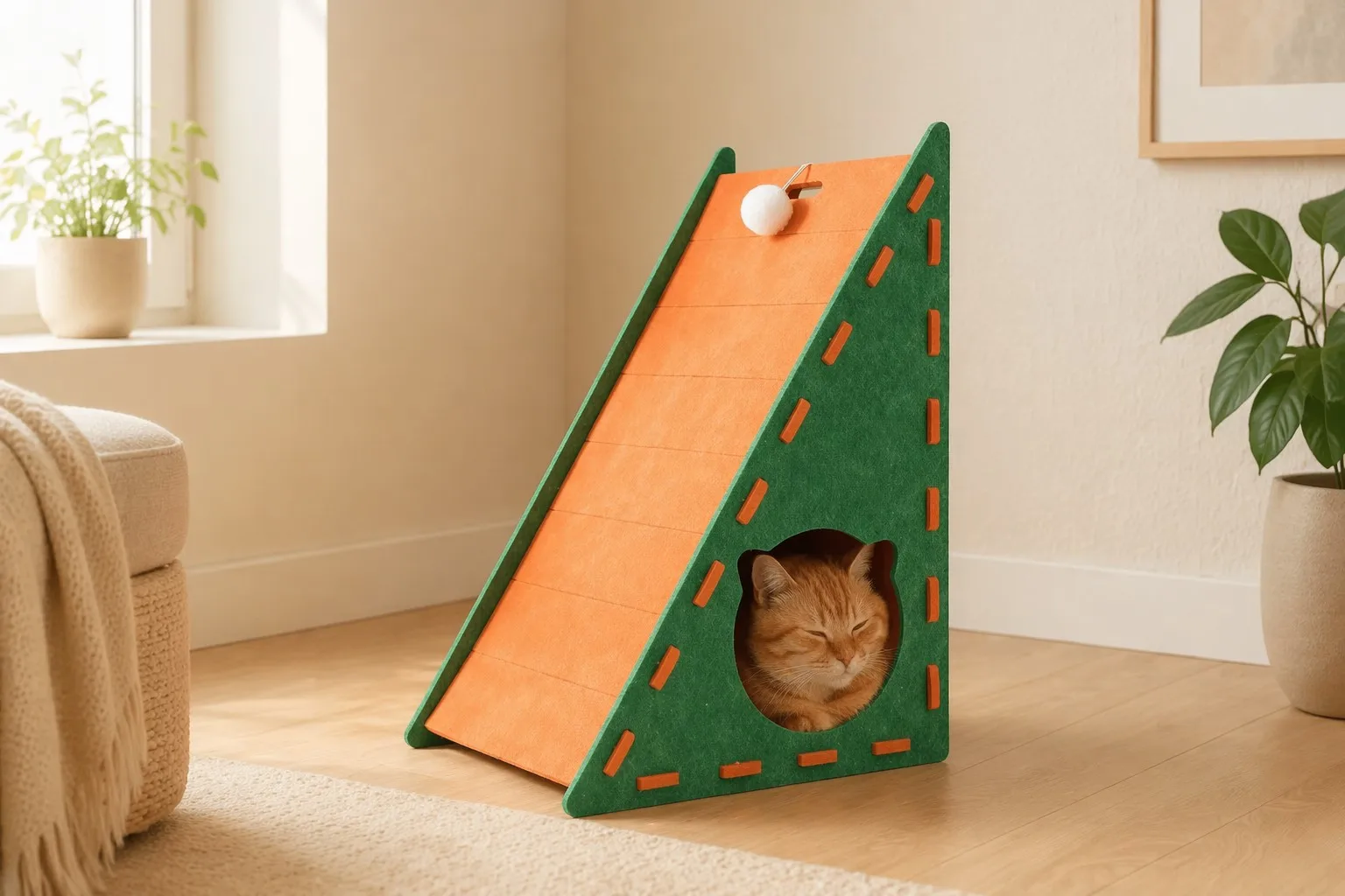 An orange tabby cat resting inside a triangular felt den bed with an angled orange scratch ramp on top, placed in a minimalist apartment corner