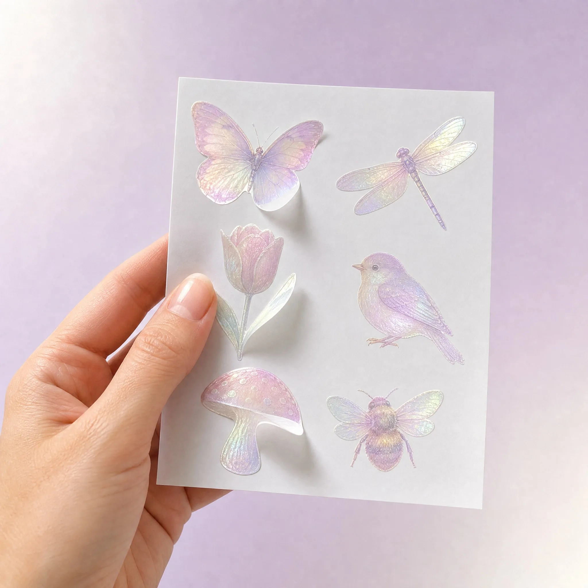 Hand peeling a pearlescent sticker from the backing sheet
