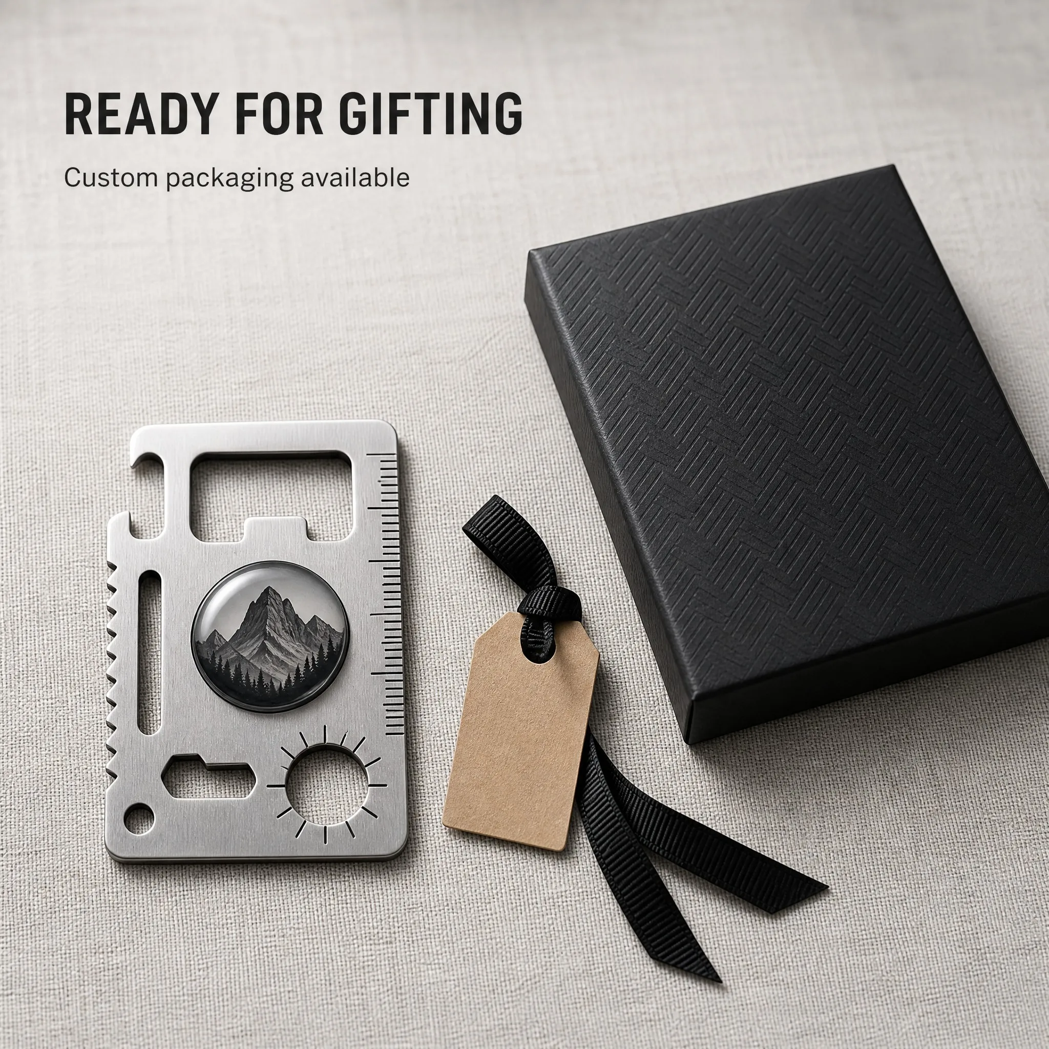 Epoxy domed multi-tool card with custom gift box packaging